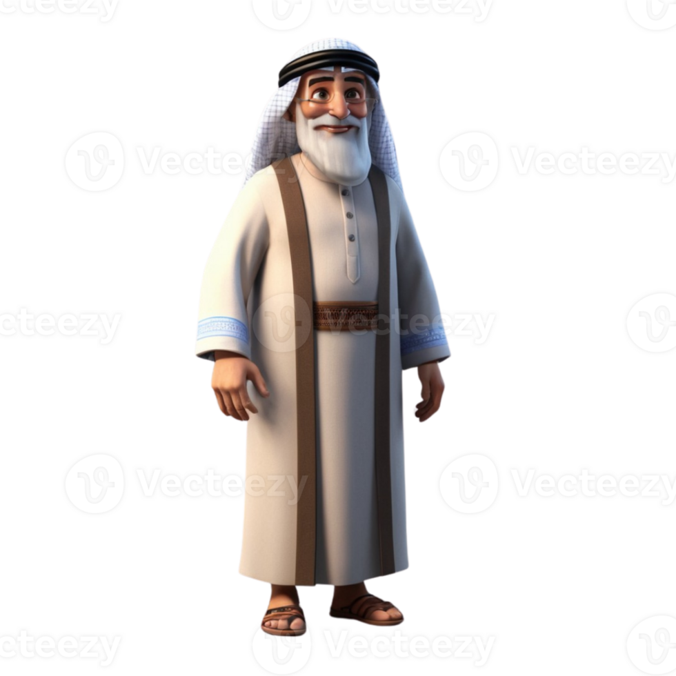 AI generated 3d render of a muslim old man on isolated transparent background png, generated with AI png