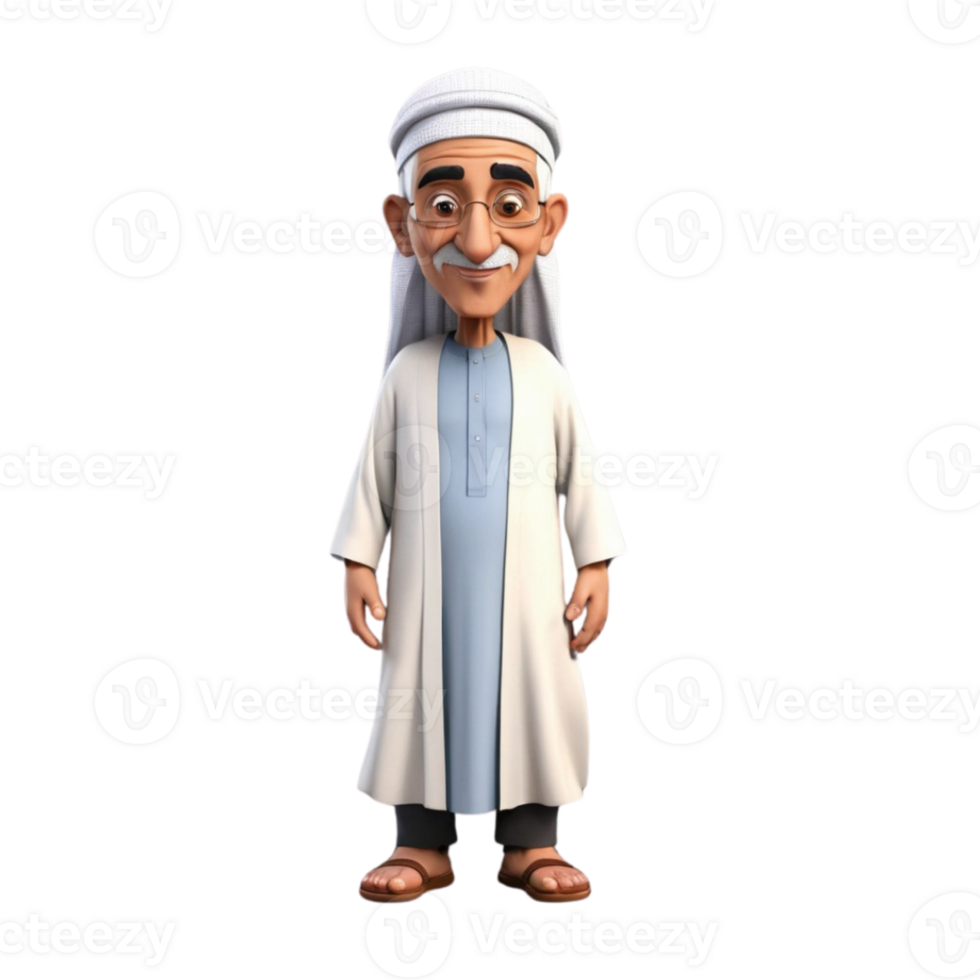 AI generated 3d render of a muslim old man on isolated transparent background png, generated with AI png