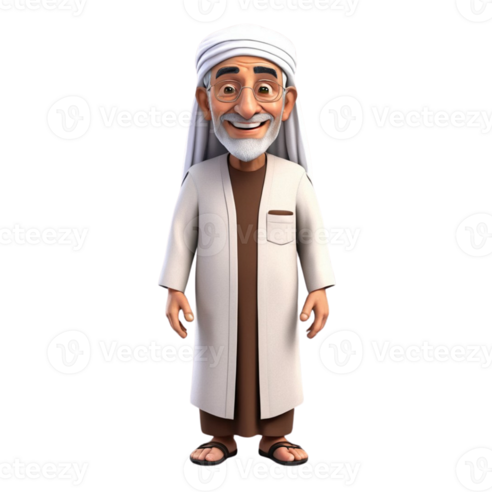 AI generated 3d render of a muslim old man on isolated transparent background png, generated with AI png