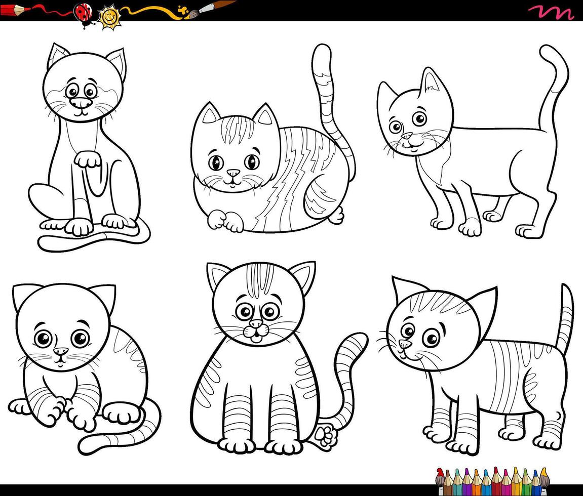 caricatura, gatos, y, gatitos, cómico, caracteres, conjunto, colorido, página vector