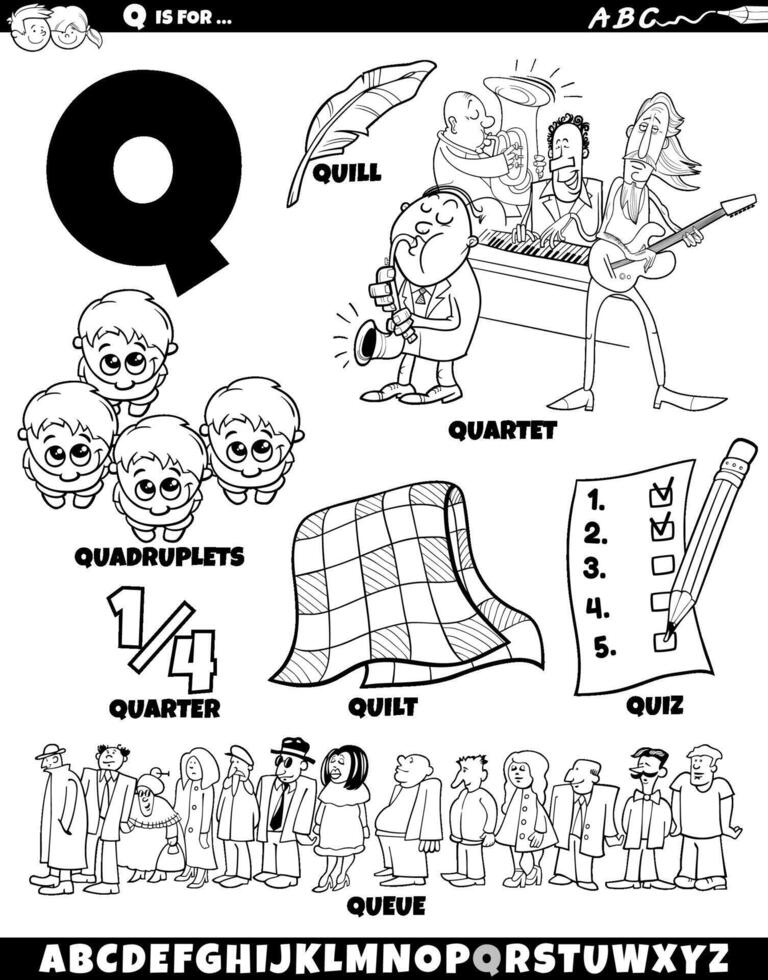 Letter Q set with cartoon objects and characters coloring page vector