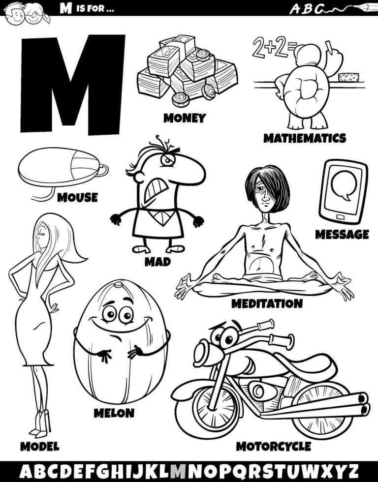 Letter M set with cartoon objects and characters coloring page vector
