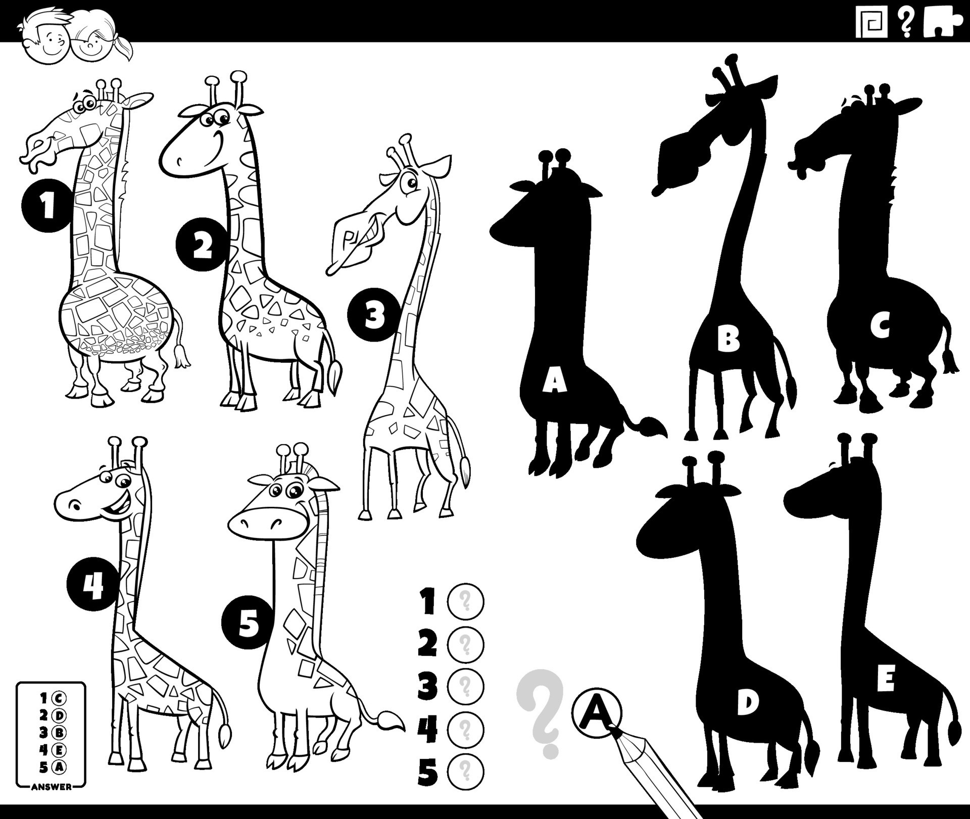 shadows activity with cartoon giraffes coloring page 38368122 Vector
