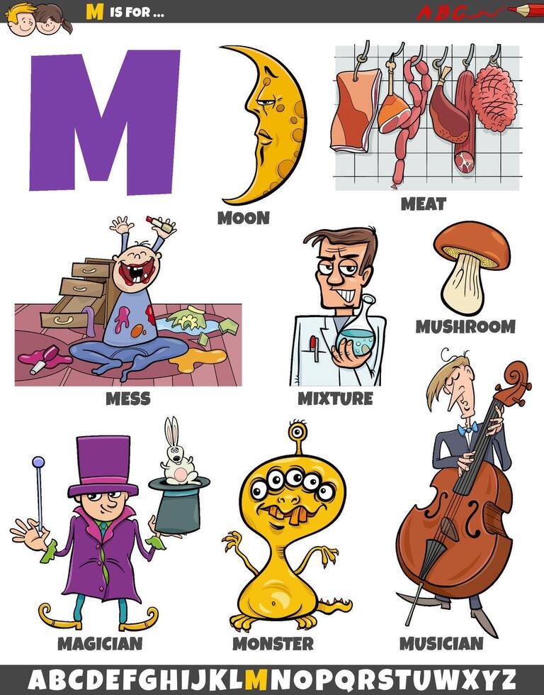 Letter M set with cartoon objects and characters vector