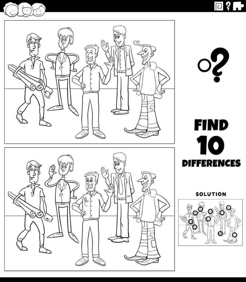 diferencias juego con dibujos animados joven hombres colorante página vector