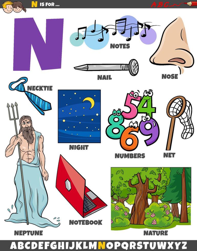 Letter N set with cartoon objects and characters vector