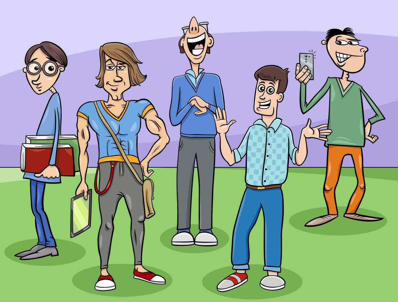 cartoon funny young men comic characters group vector