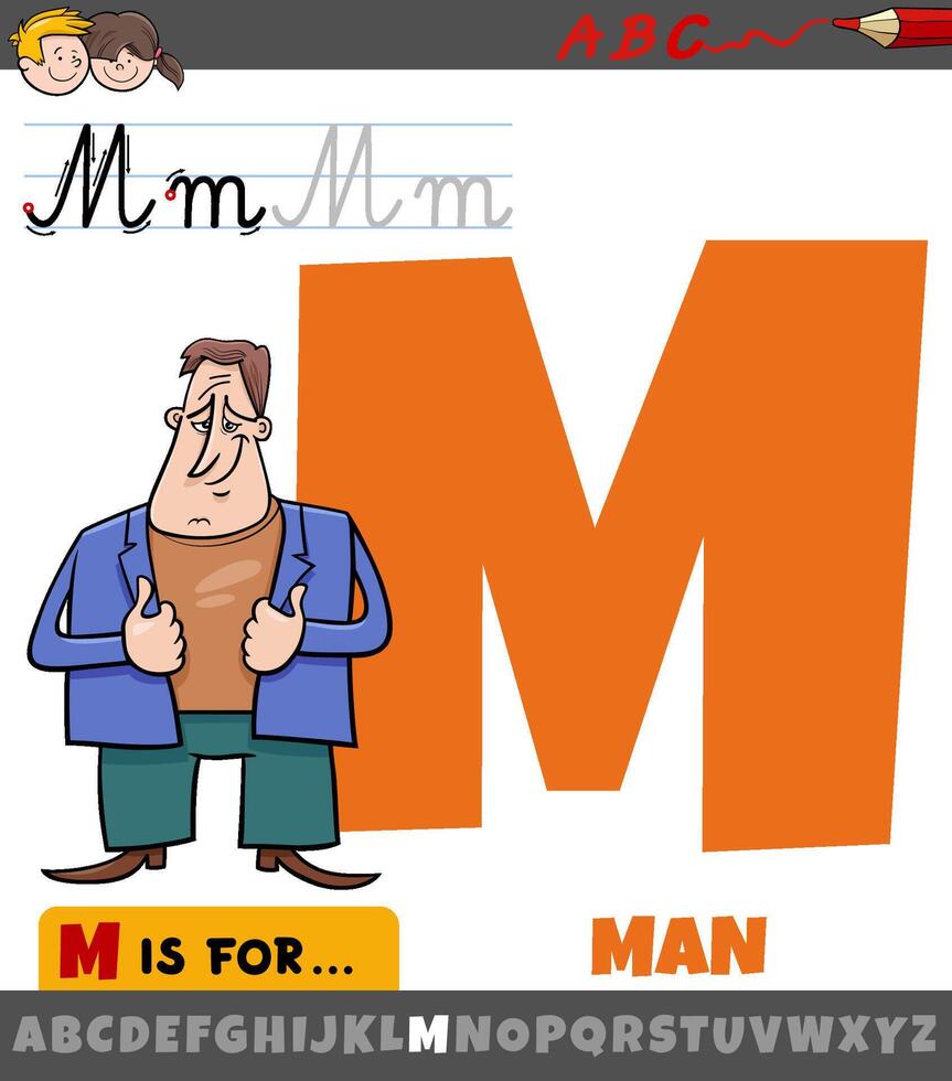 letter M from alphabet with cartoon man character vector