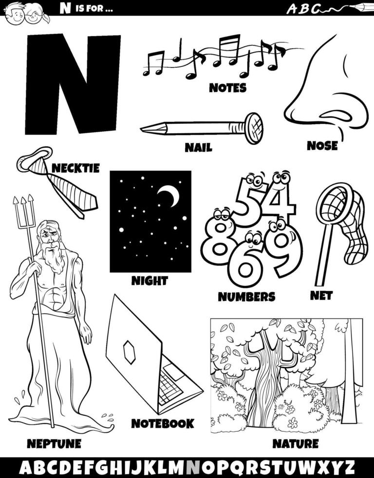 Letter N set with cartoon objects and characters coloring page vector