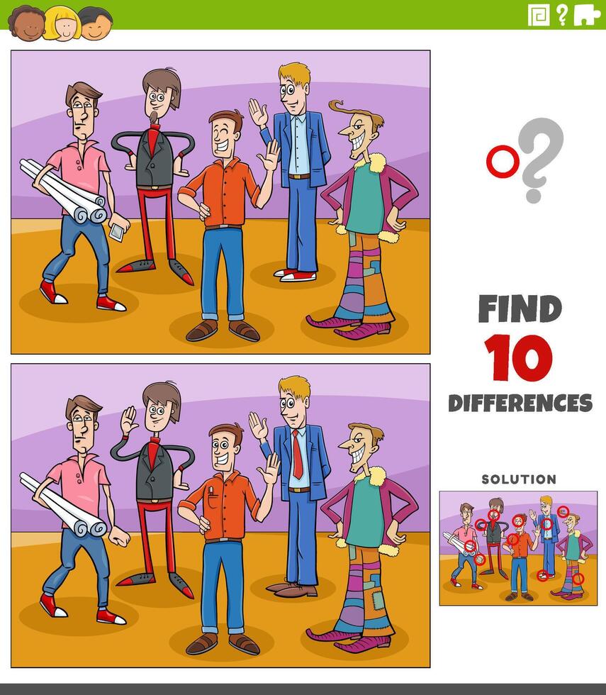 differences game with cartoon young men group vector