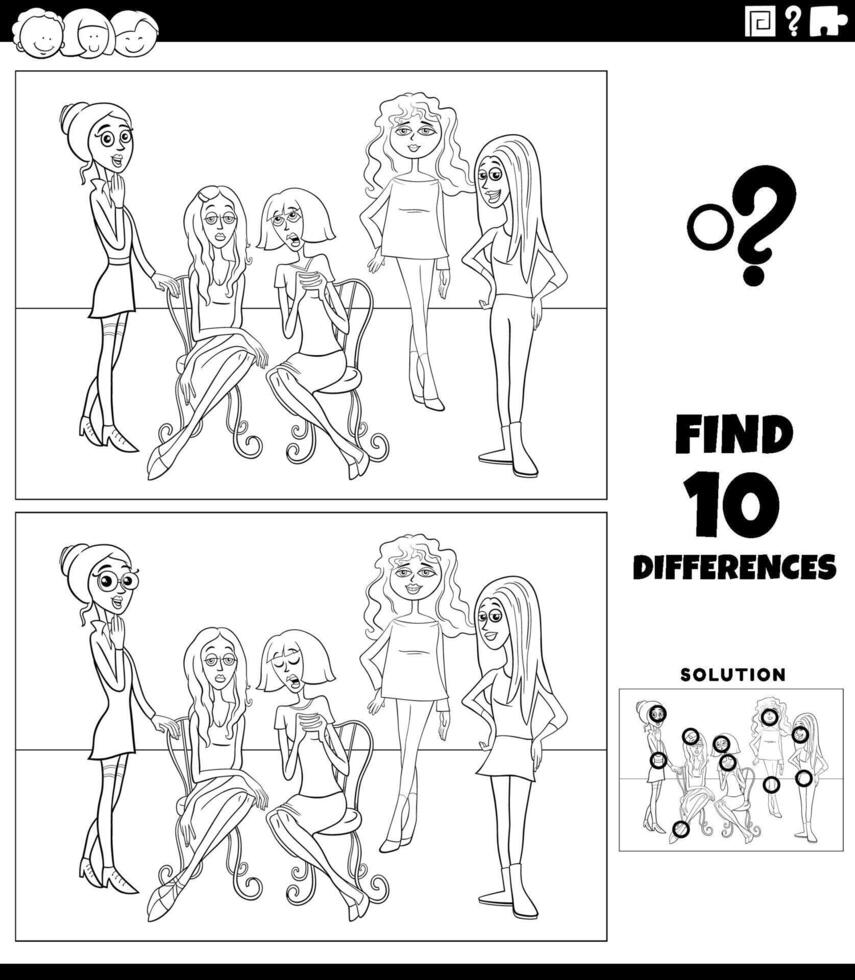 differences activity with cartoon young women coloring page vector