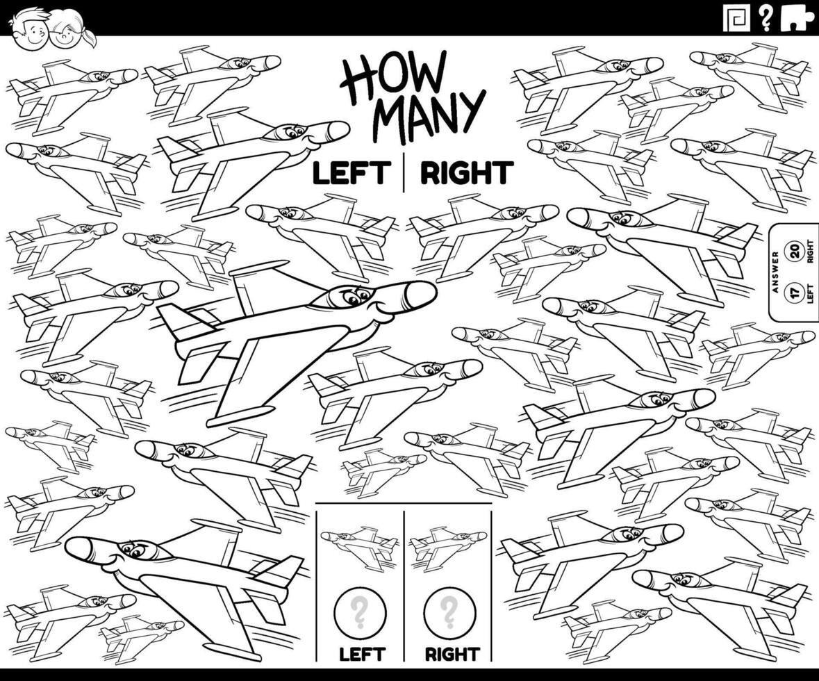 counting left and right pictures of jet fighter plane coloring page vector