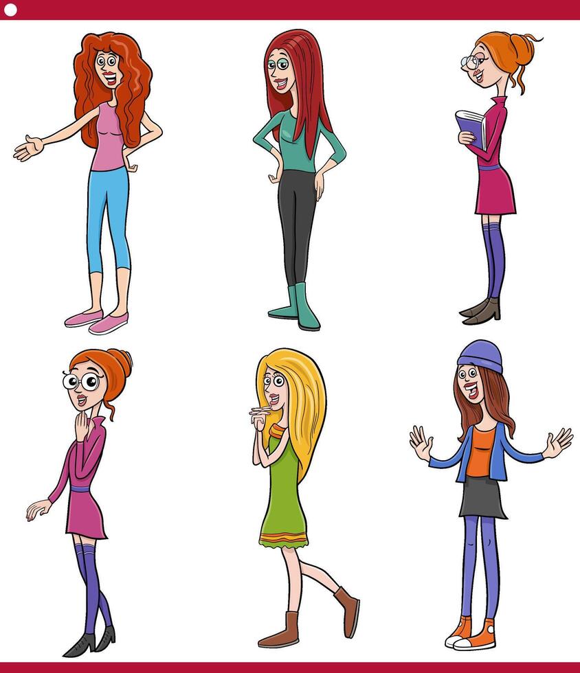 cartoon young woman funny characters humorous set vector