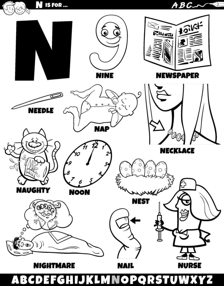 Letter N set with cartoon objects and characters coloring page vector