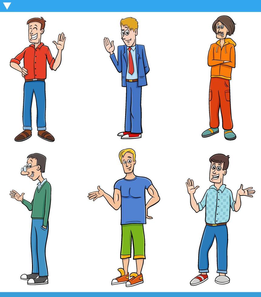 cartoon funny young men comic characters set vector