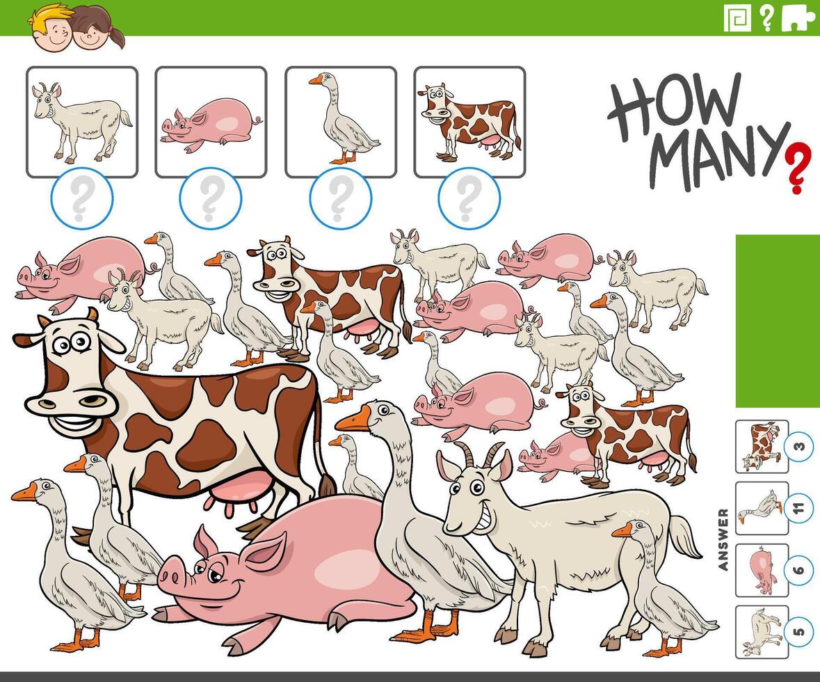 cómo muchos contando actividad con dibujos animados granja animales vector