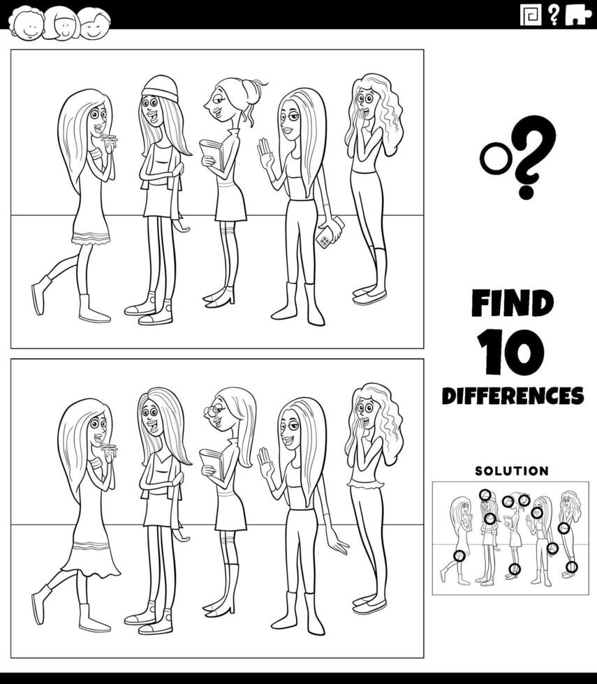 differences activity with cartoon young women coloring page vector