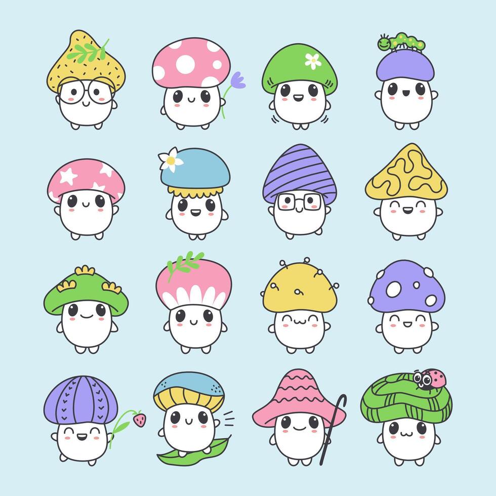 Large set of small kawaii mushrooms of different characters. Cute cartoon stickers. Vector isolated illustration