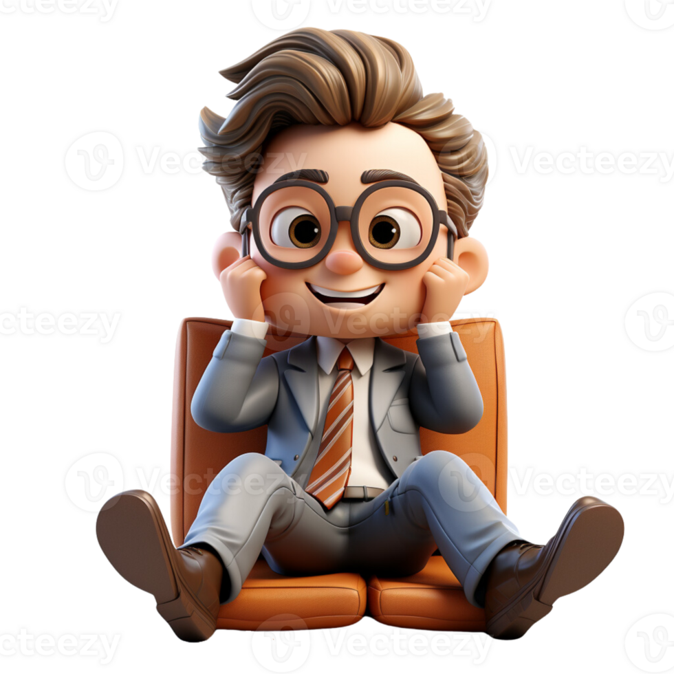 AI generated 3d a businessman sitting on a sofa with smiling face on isolated transparent background png, generated with AI png