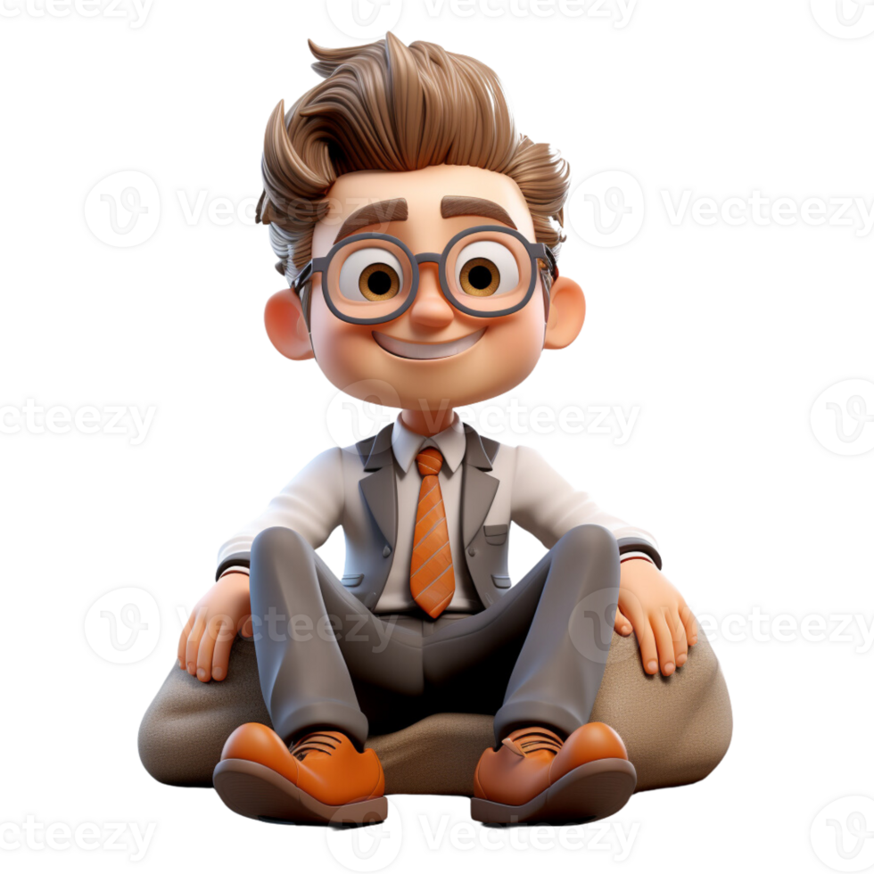 AI generated 3d a businessman sitting on a floor with smiling face on isolated transparent background png, generated with AI png