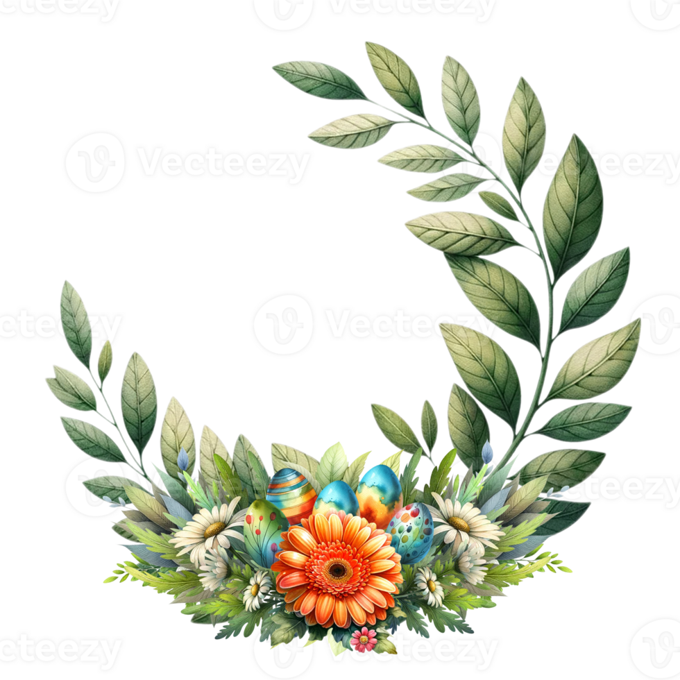 Vine greenery Gerbera Daisy with Easter eggs Frames png