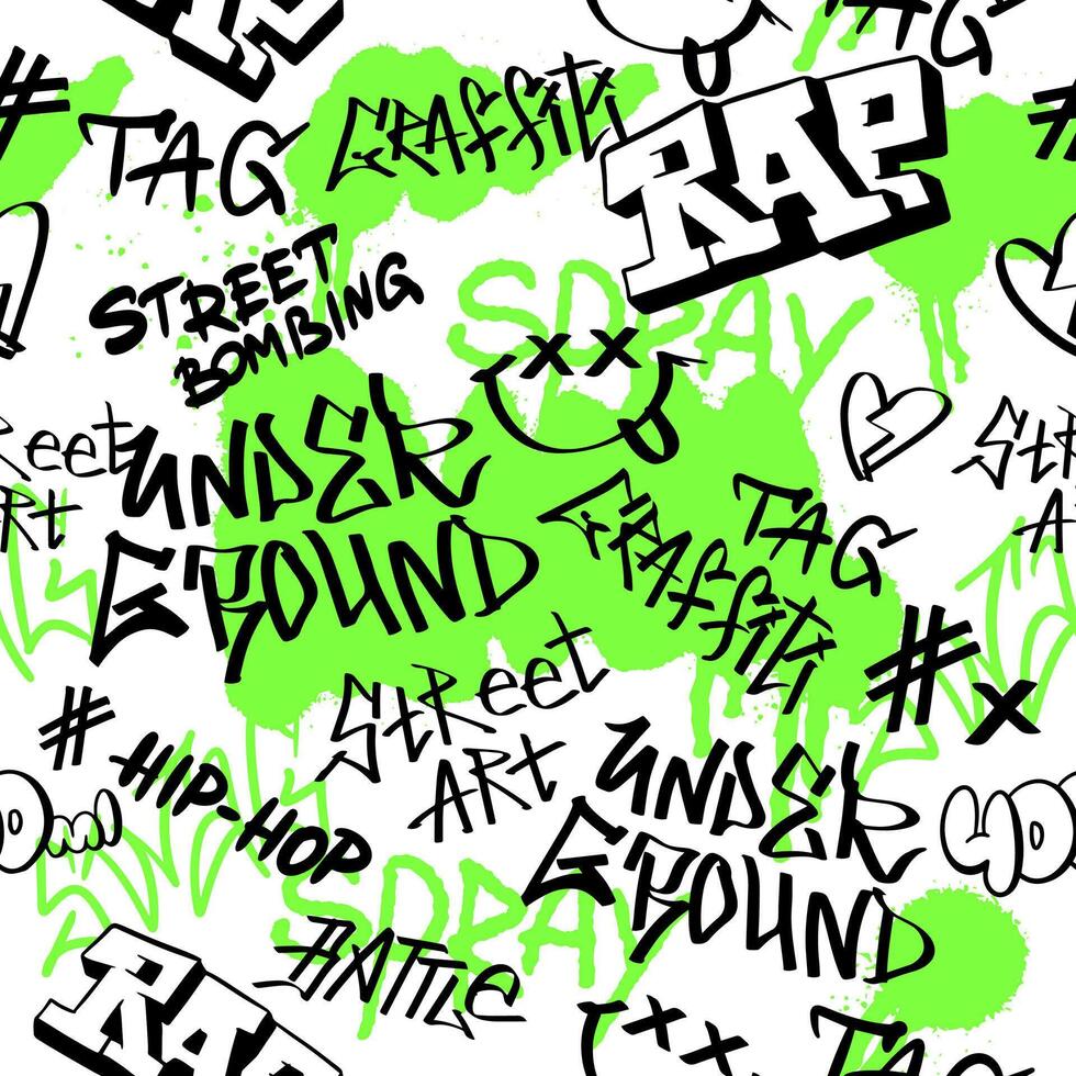 Seamless pattern street black graffiti underground lettering elements in the grunge style with tags. Urban savage spray paint art. Set green creative vector design teenage for tee t shirt