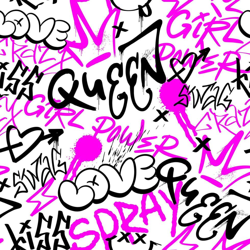 Seamless pattern street black and pink graffiti Queen elements in grunge style. Symbols of feminism. Urban savage spray paint. Install a creative vector teen design for a T-shirt or sweatshirt.