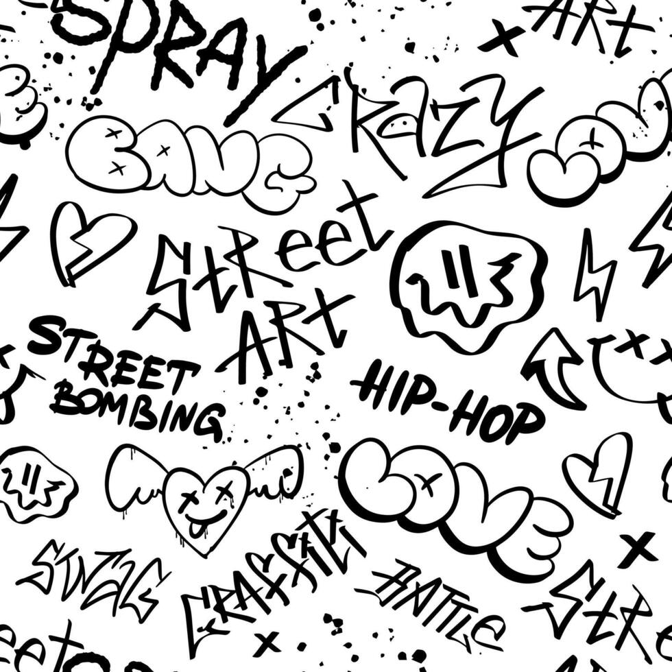 Seamless pattern street black graffiti lettering elements in the grunge style with tags a white background. Urban savage spray paint art. Set creative vector design teenage for tee t shirt