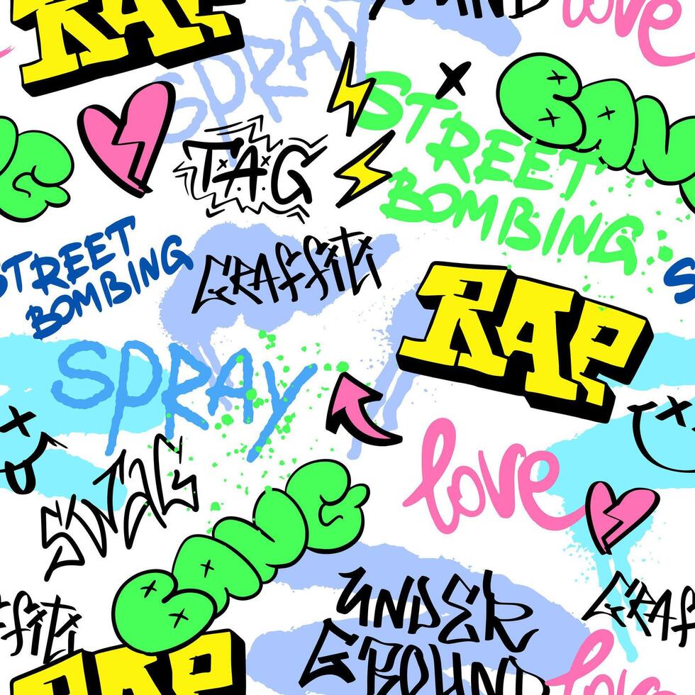 Seamless pattern street RAP graffiti lettering elements in the grunge style with tags, drips and blobs. Urban savage spray paint art. Set creative vector design teenage graffiti cartoon for tee