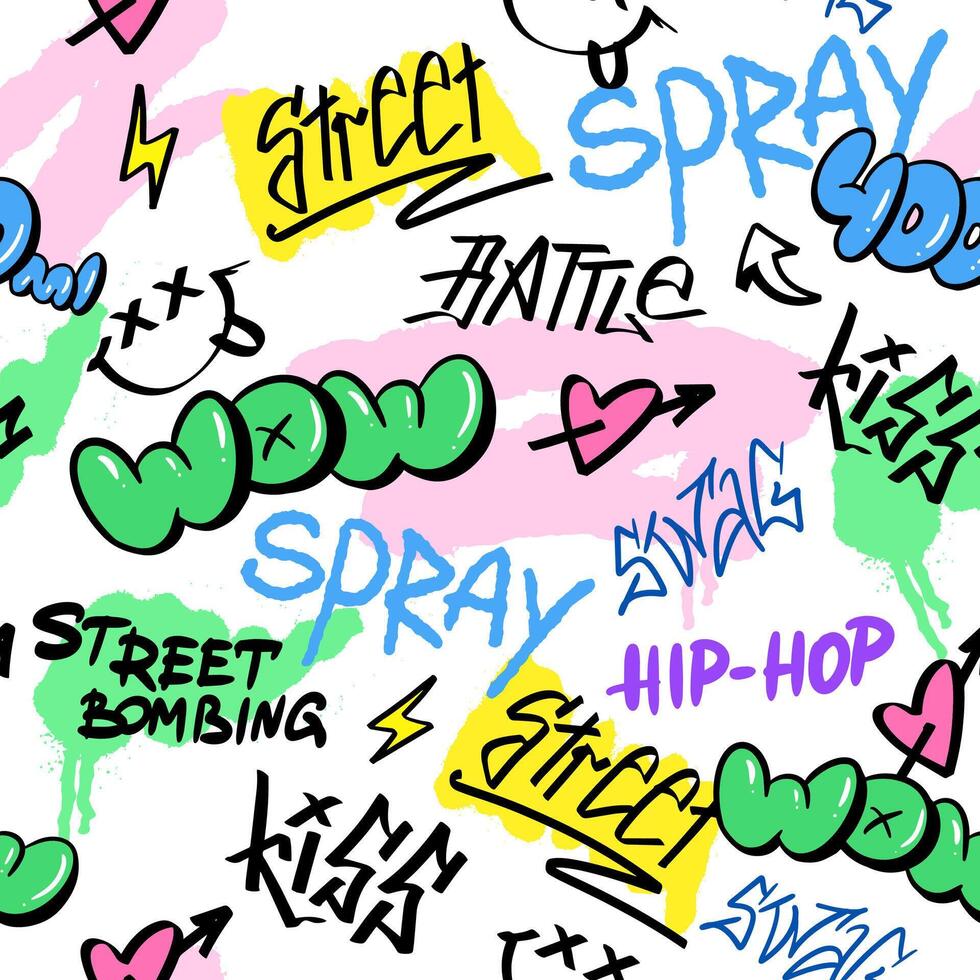 Seamless pattern street graffiti lettering elements in the grunge style with tags, drips and blobs. Urban savage spray paint art. Set creative vector design teenage graffiti cartoon for tee t shirt