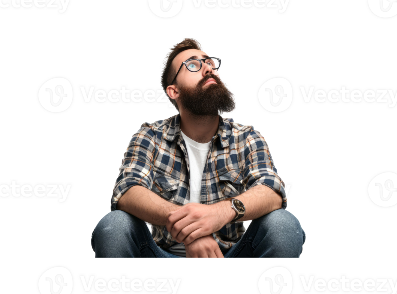 AI generated An isolated bearded man in casual wear sits with hands on his thighs and looks up png