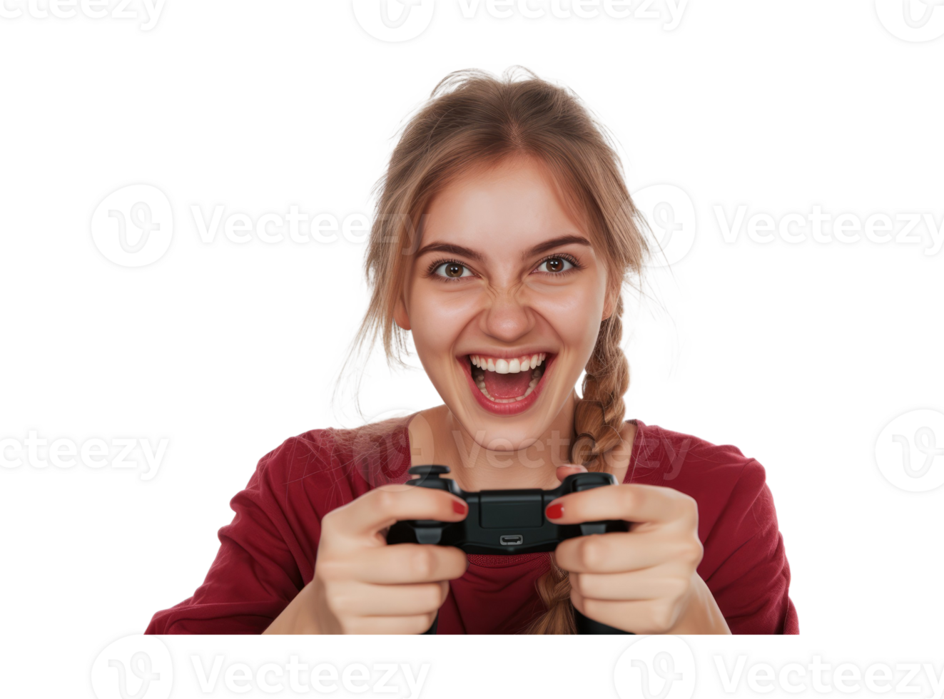ai generato giovane ucraino donna giocando con un' video gioco controllore festeggiare un' vittoria png