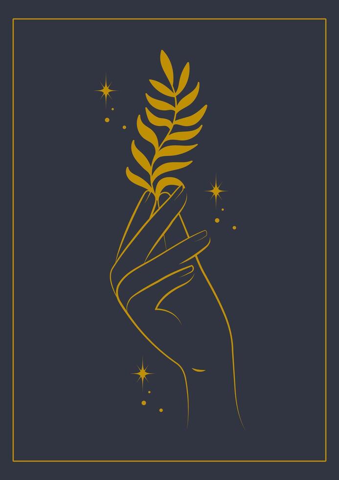 Hand with branch vector illustration poster. Cosmetic vector logo art. Magic hand golden sketch.