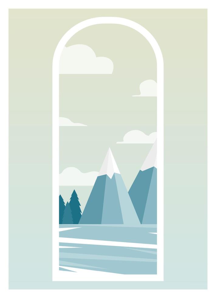 Winter scene landscape with frozen lake, mountains. Snowy pine trees and forest view. vector