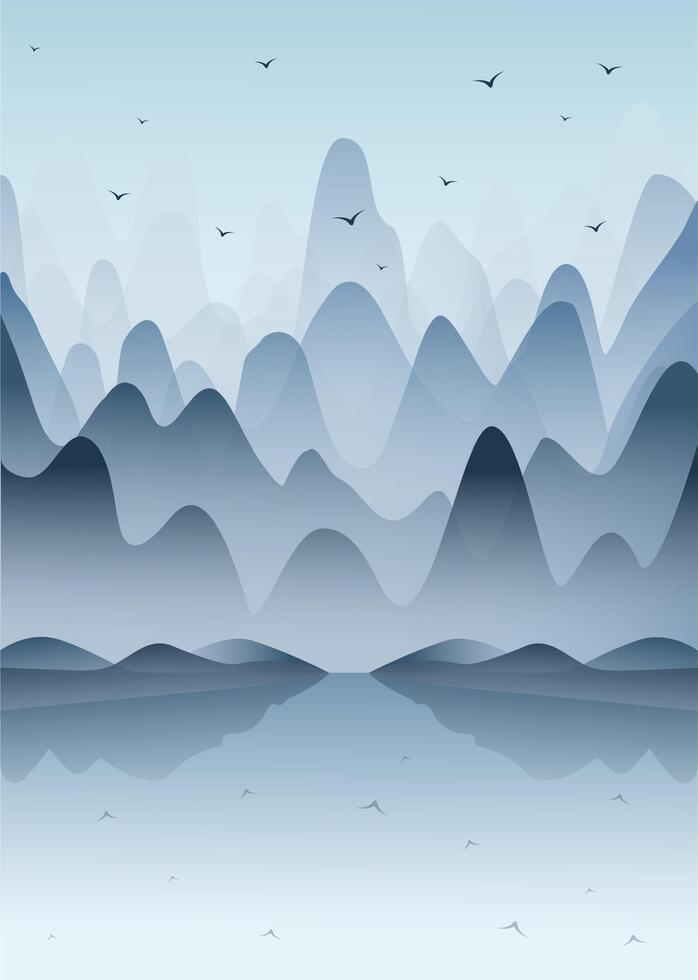 Minimalist aesthetic blue mountains landscape. Nordic village, fjord illustration. vector