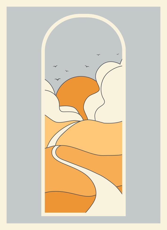 soleado Valle con el la carretera paisaje vista. boho pared decoración nublado clima en arbusto ilustración. vector