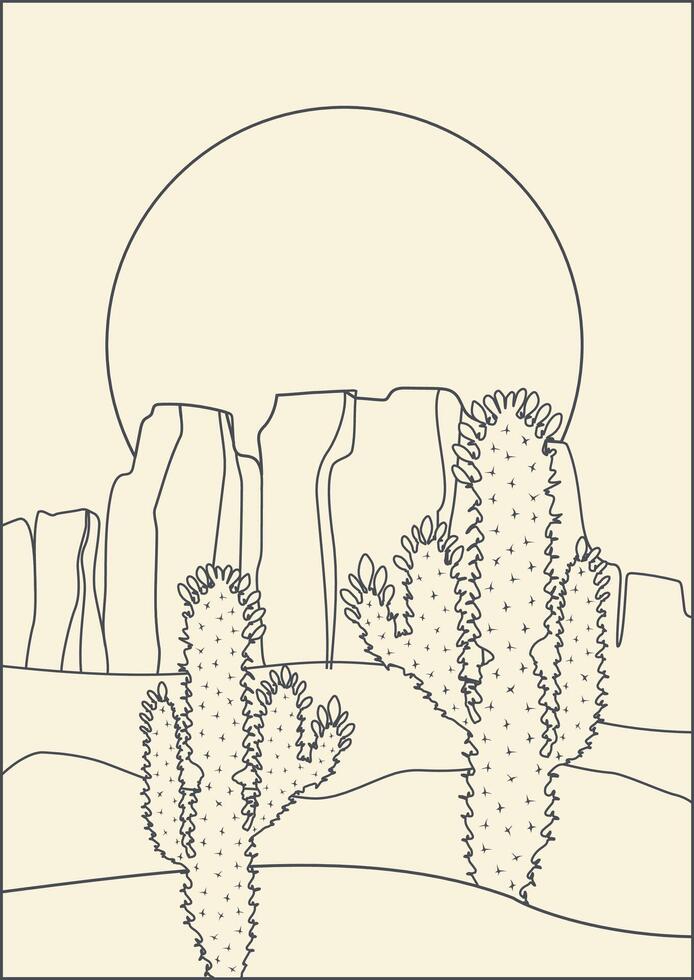 estético minimalista Desierto paisaje con cactus y montañas. boho pared decoración, puesta de sol en australiano arbusto vector