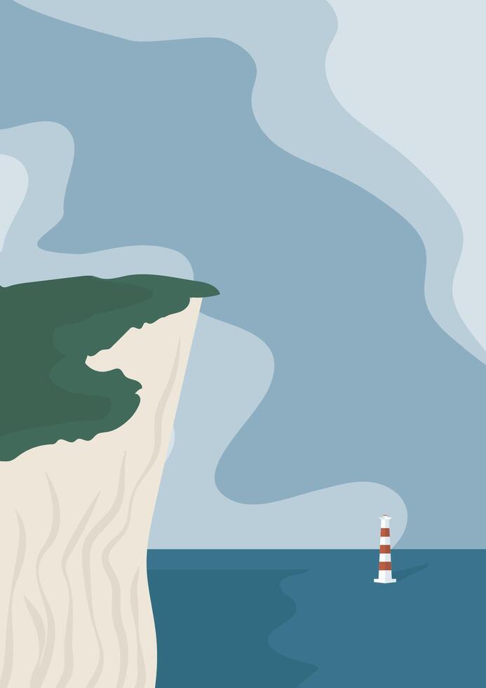 isla acantilado cerca Mañana mar con faro ilustración. Faro cerca Oceano calma agua escena. vector