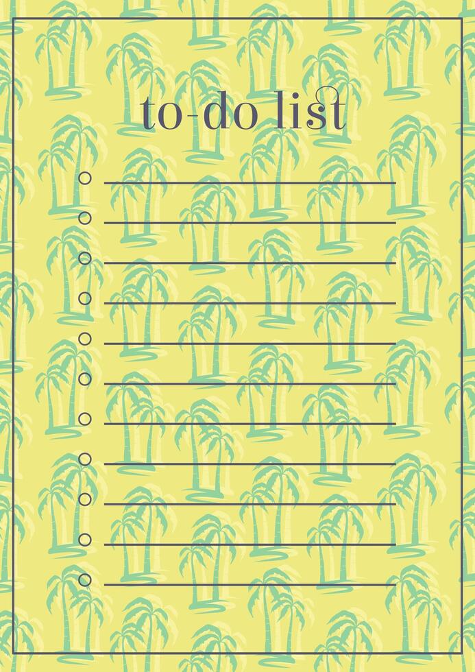 Childish stationery to do list design in bright colors. Worksheet design template with palms background vector
