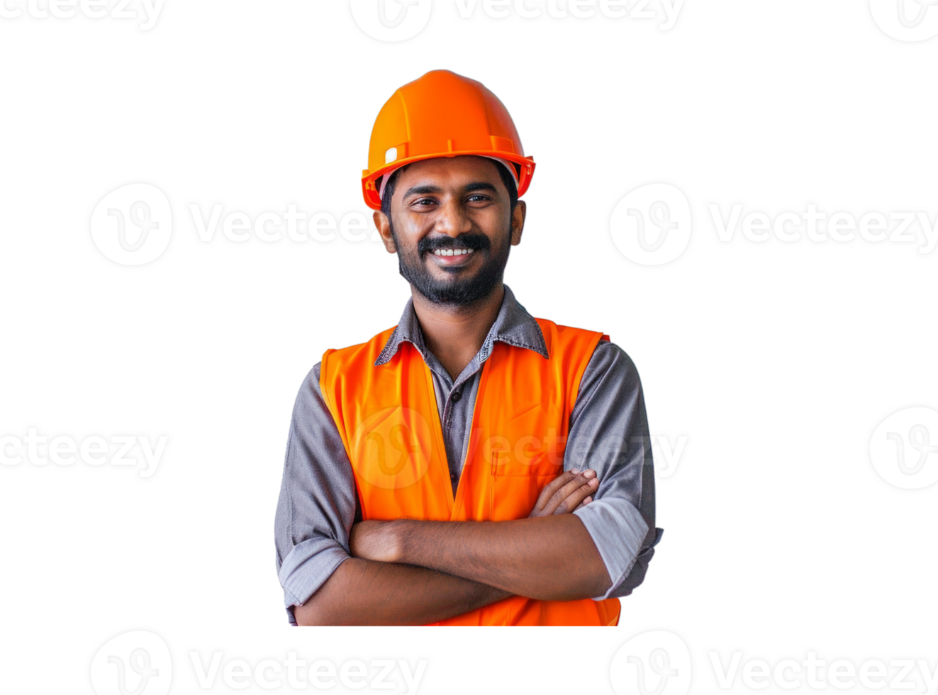 ai généré construction ouvrier, ingénieur et studio portrait de content homme dans gilet et casque pour sécurité png