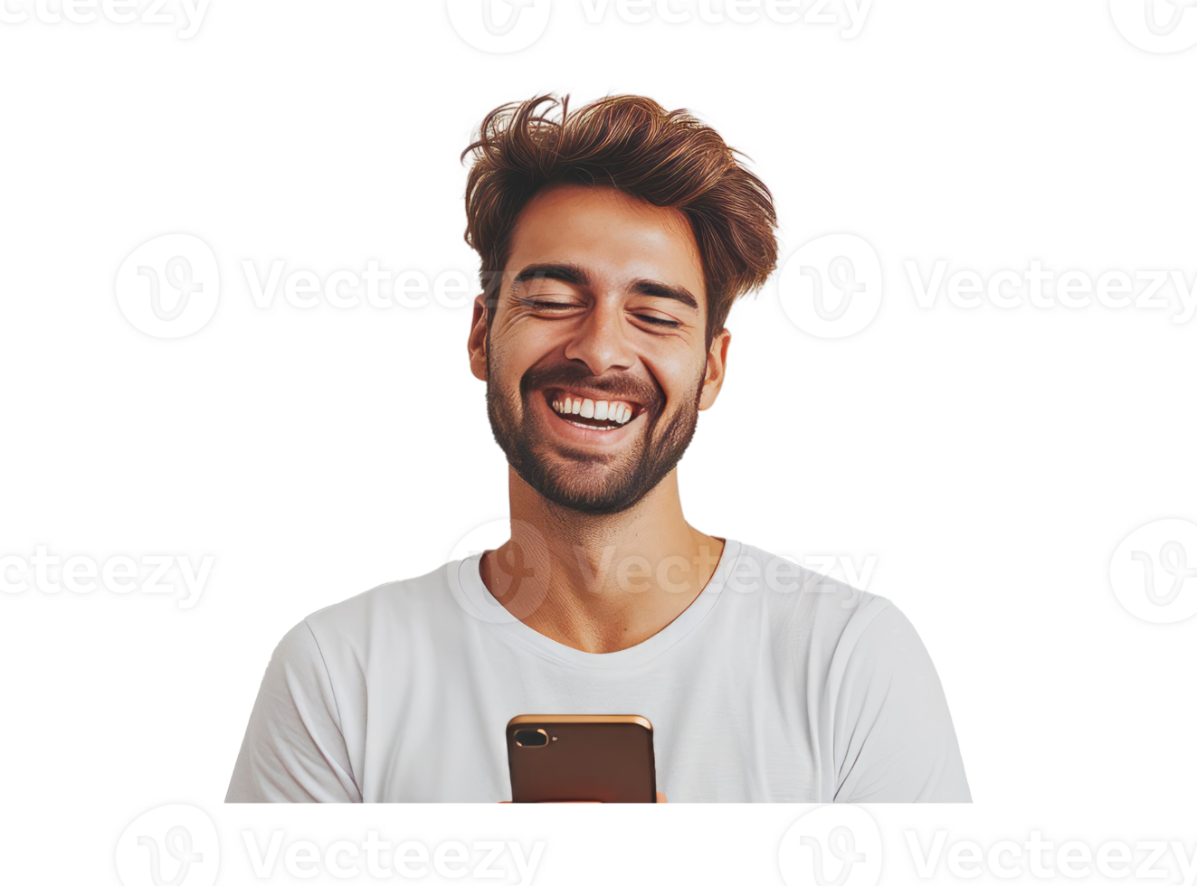 AI generated Happy unshaven guy smiling while using mobile phone png