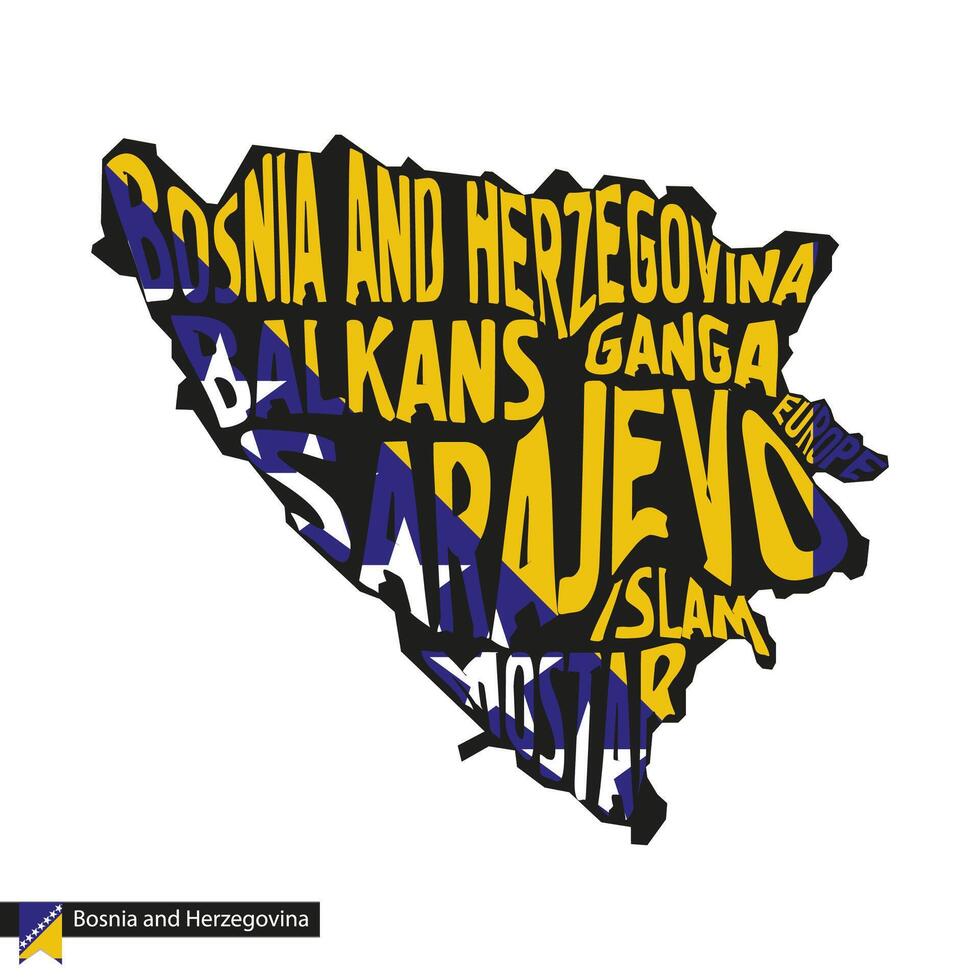 Typography map silhouette of Bosnia and Herzegovina in black and flag colors. vector