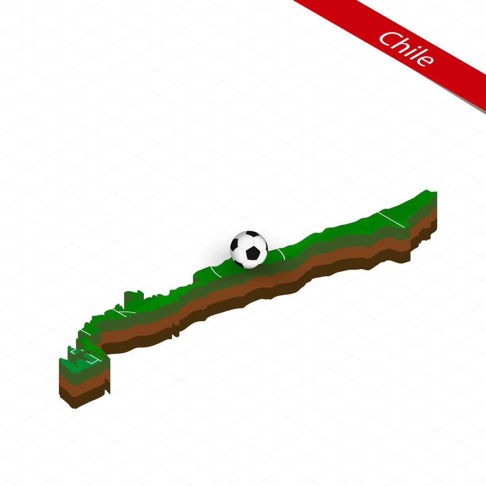 Isometric map of Chile with soccer field. Football ball in center of football pitch. vector