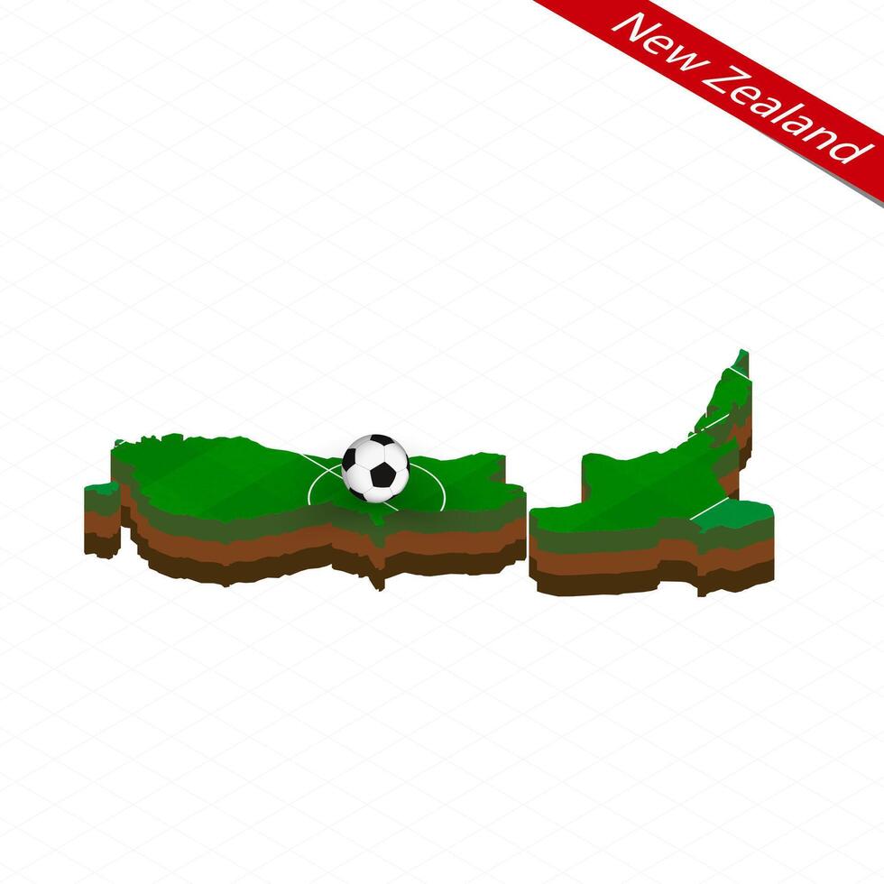 Isometric map of New Zealand with soccer field. Football ball in center of football pitch. vector