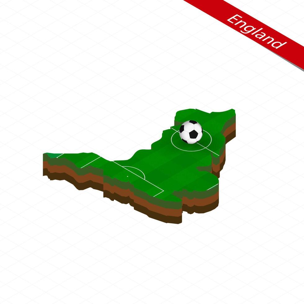 Isometric map of England with soccer field. Football ball in center of football pitch. vector