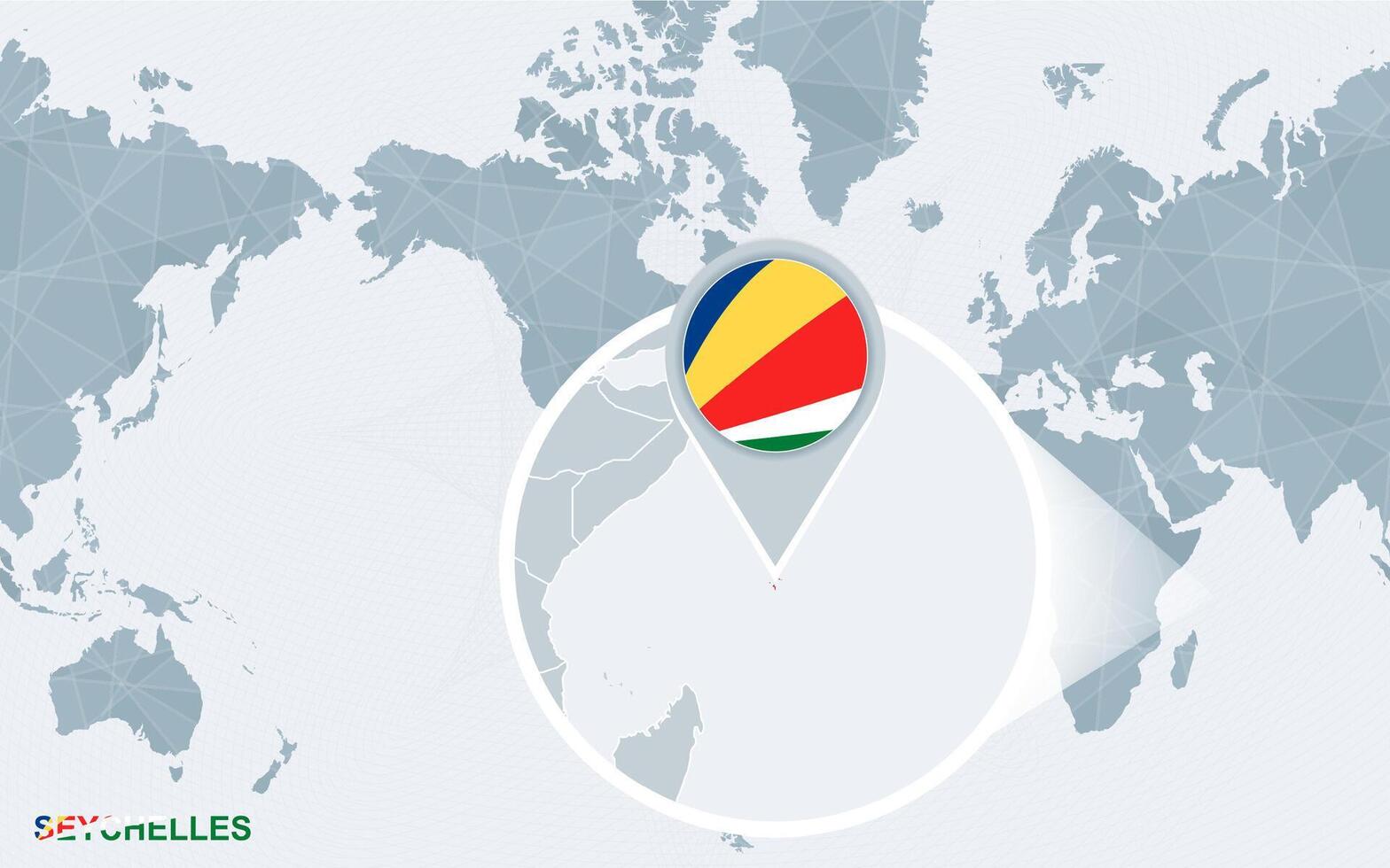 World map centered on America with magnified Seychelles. vector