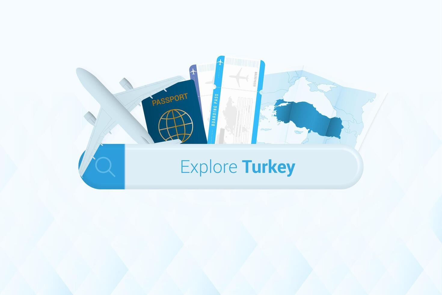 Searching tickets to Turkey or travel destination in Turkey. Searching bar with airplane, passport, boarding pass, tickets and map. vector