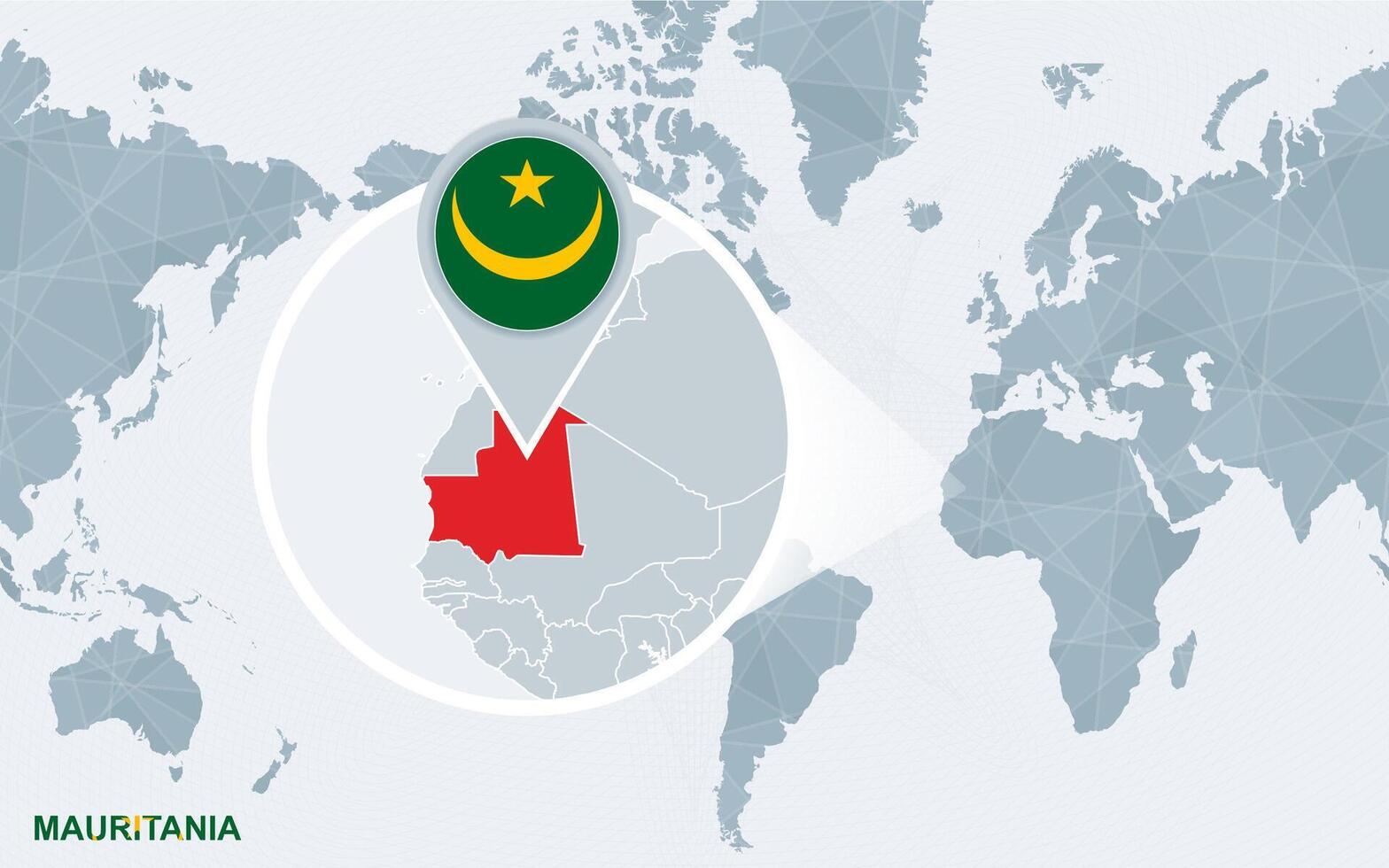 mundo mapa centrado en America con magnificado Mauritania. vector