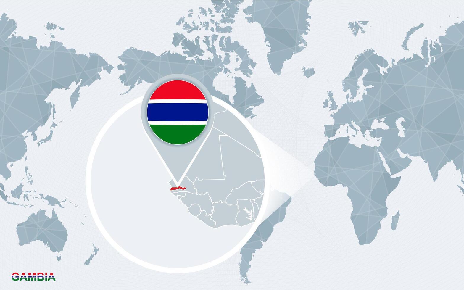 World map centered on America with magnified Gambia. vector