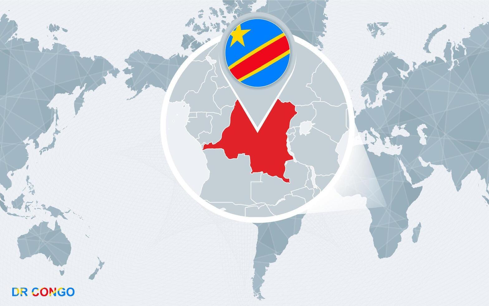 World map centered on America with magnified DR Congo. vector